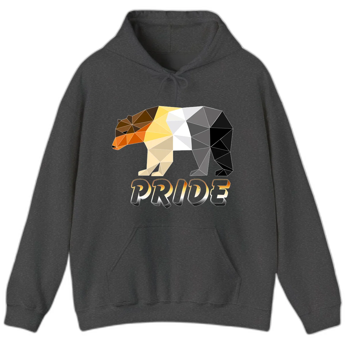 Geometric low-poly bear with triangular facets transitioning from warm brown and orange tones to cool gray and black, with PRIDE text below in Dark Heather