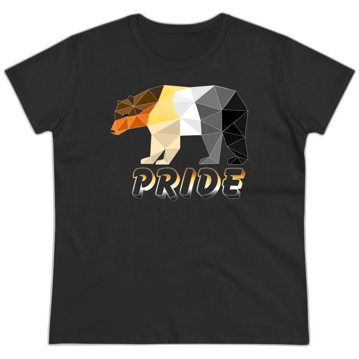 Geometric low-poly bear with triangular facets transitioning from warm brown and orange tones to cool gray and black, with PRIDE text below in Black