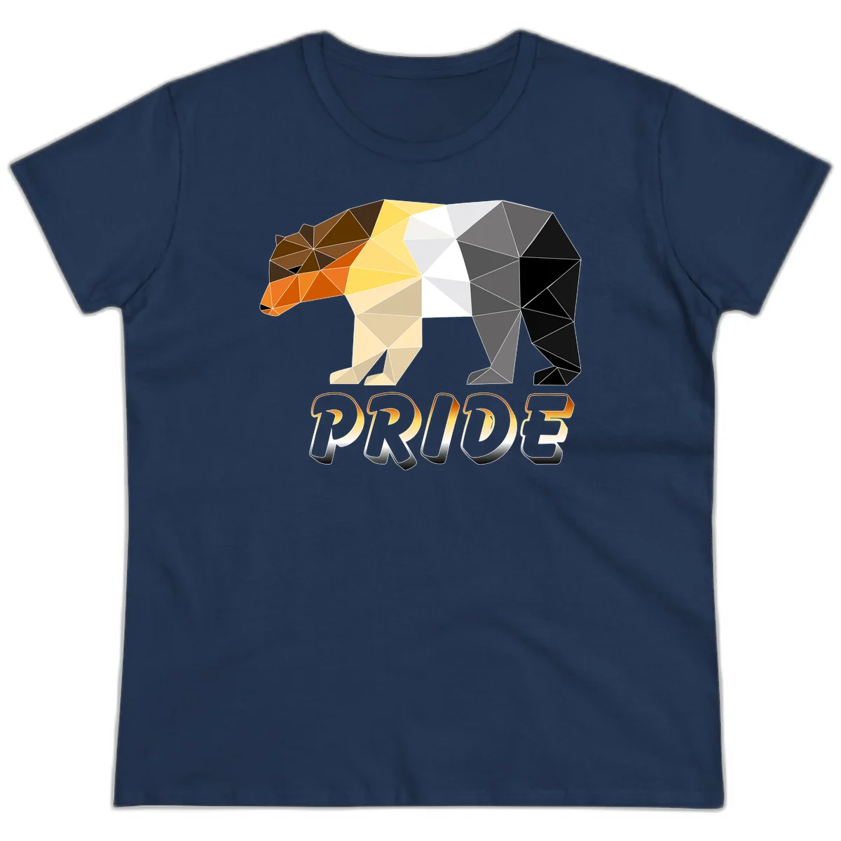 Geometric low-poly bear with triangular facets transitioning from warm brown and orange tones to cool gray and black, with PRIDE text below in Navy