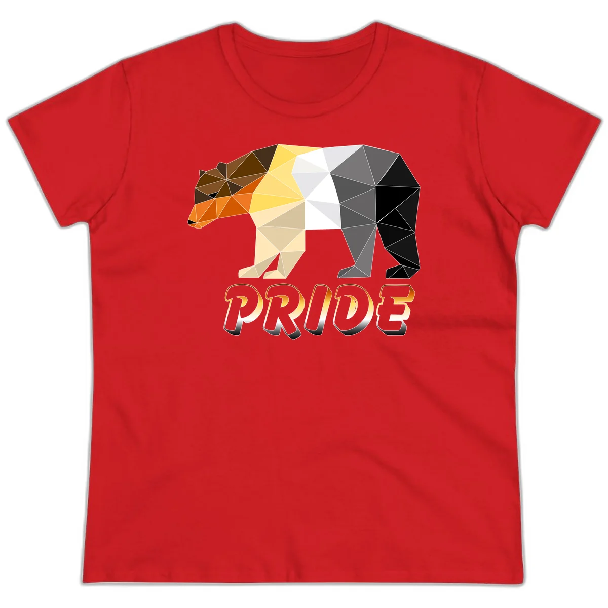 Geometric low-poly bear with triangular facets transitioning from warm brown and orange tones to cool gray and black, with PRIDE text below in Red