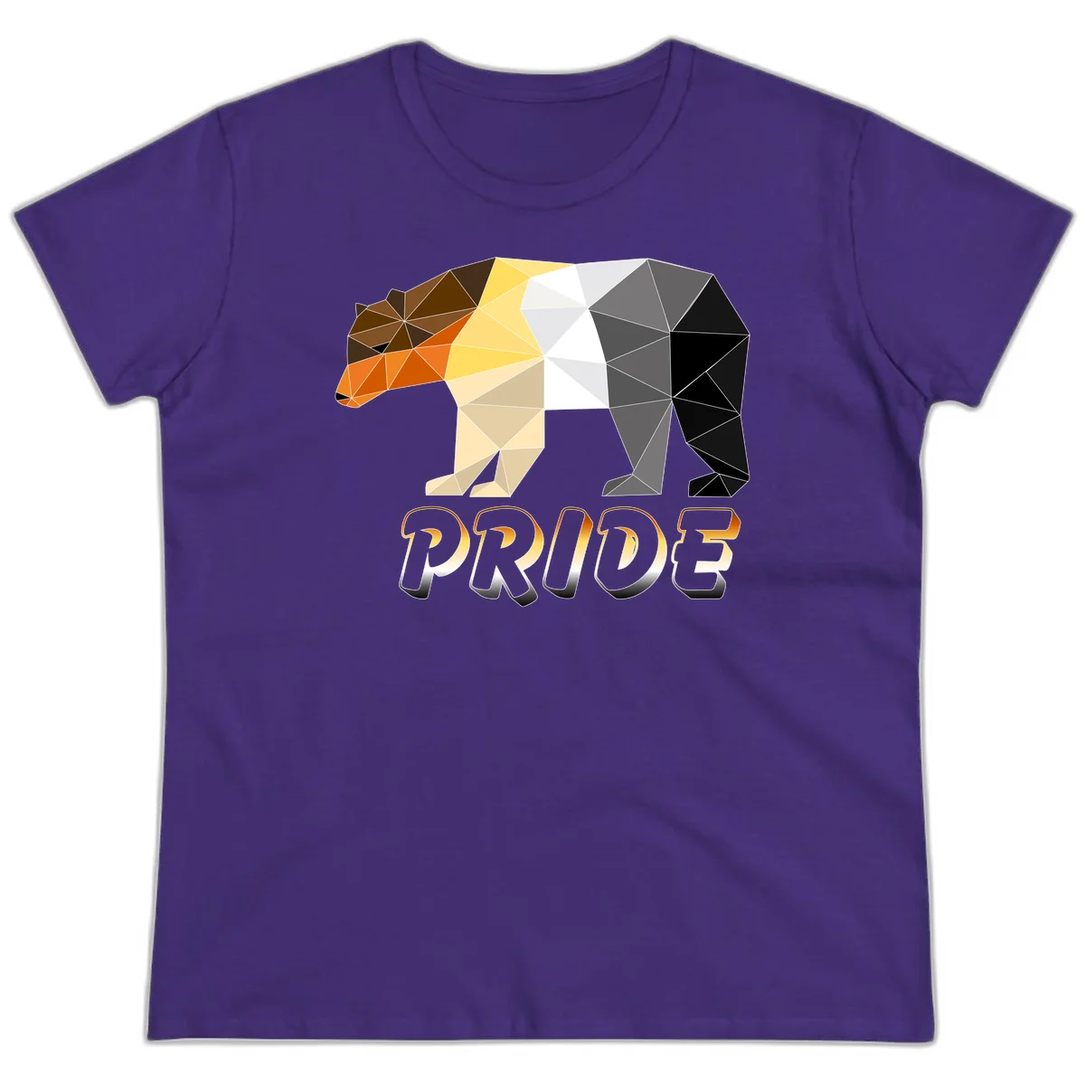Geometric low-poly bear with triangular facets transitioning from warm brown and orange tones to cool gray and black, with PRIDE text below in Purple