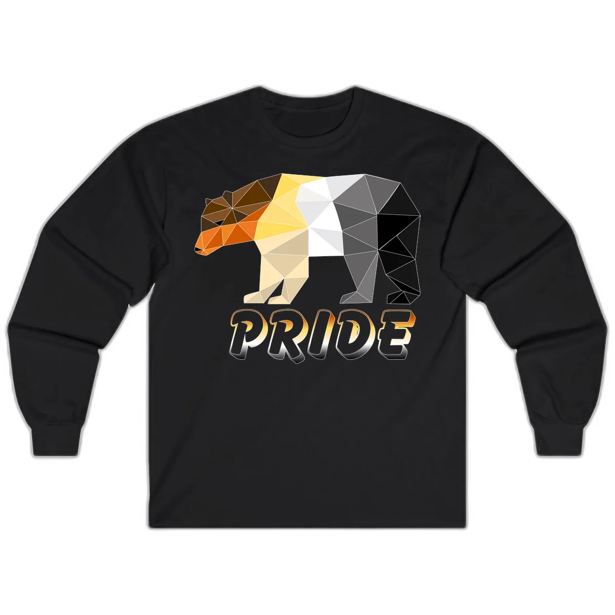 Geometric low-poly bear with triangular facets transitioning from warm brown and orange tones to cool gray and black, with PRIDE text below in Black