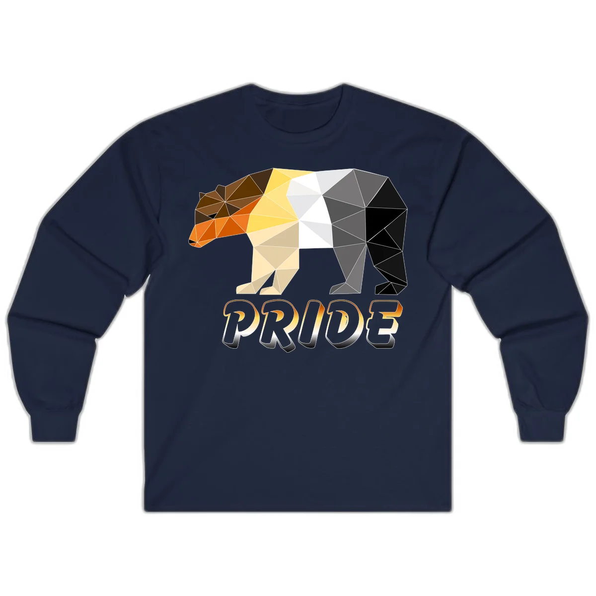 Geometric low-poly bear with triangular facets transitioning from warm brown and orange tones to cool gray and black, with PRIDE text below in Navy