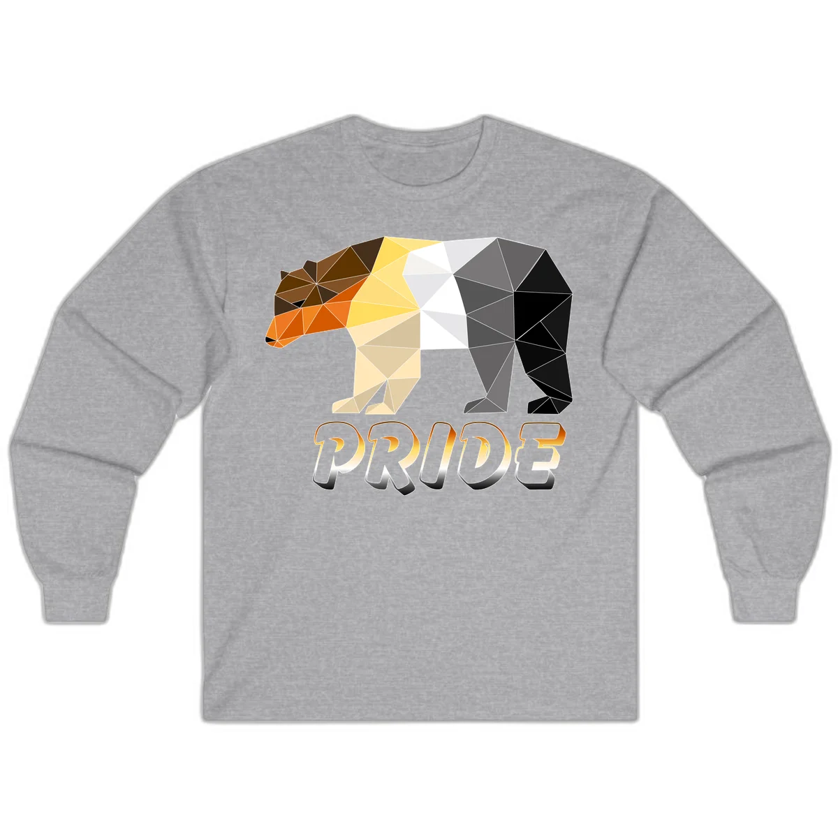 Geometric low-poly bear with triangular facets transitioning from warm brown and orange tones to cool gray and black, with PRIDE text below in Sport Grey