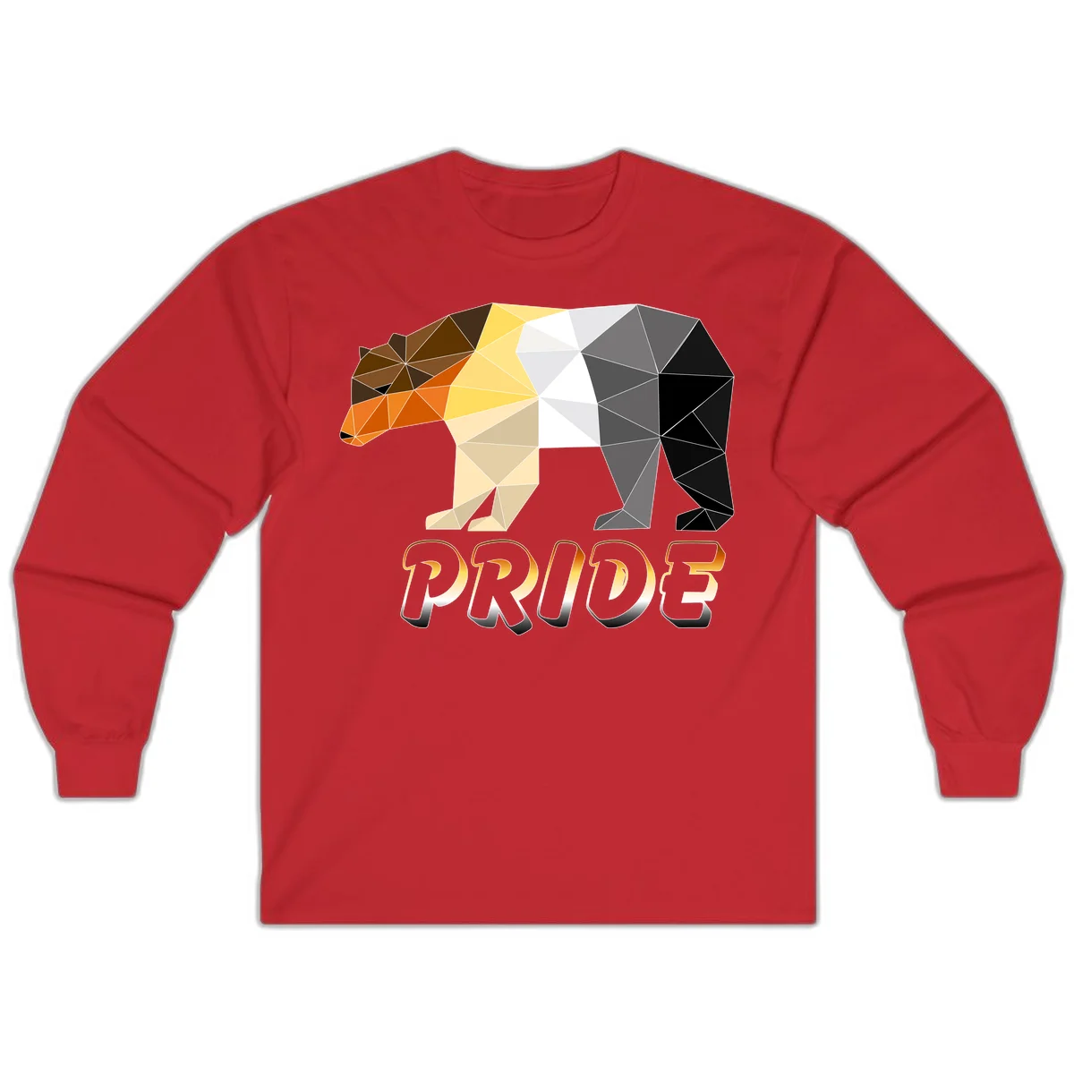 Geometric low-poly bear with triangular facets transitioning from warm brown and orange tones to cool gray and black, with PRIDE text below in Red