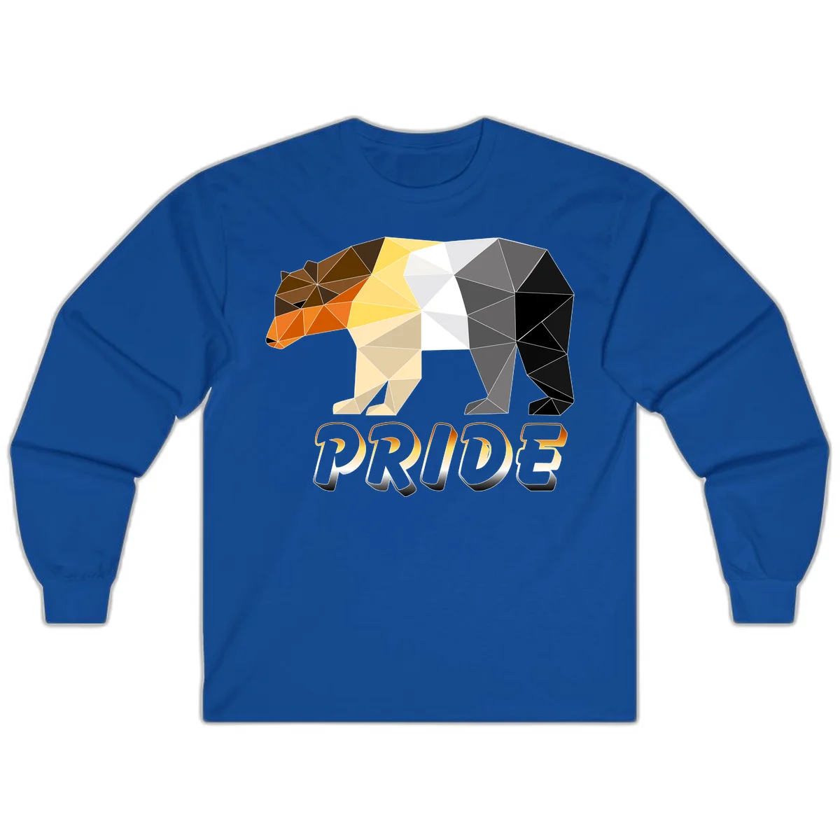 Geometric low-poly bear with triangular facets transitioning from warm brown and orange tones to cool gray and black, with PRIDE text below in Royal