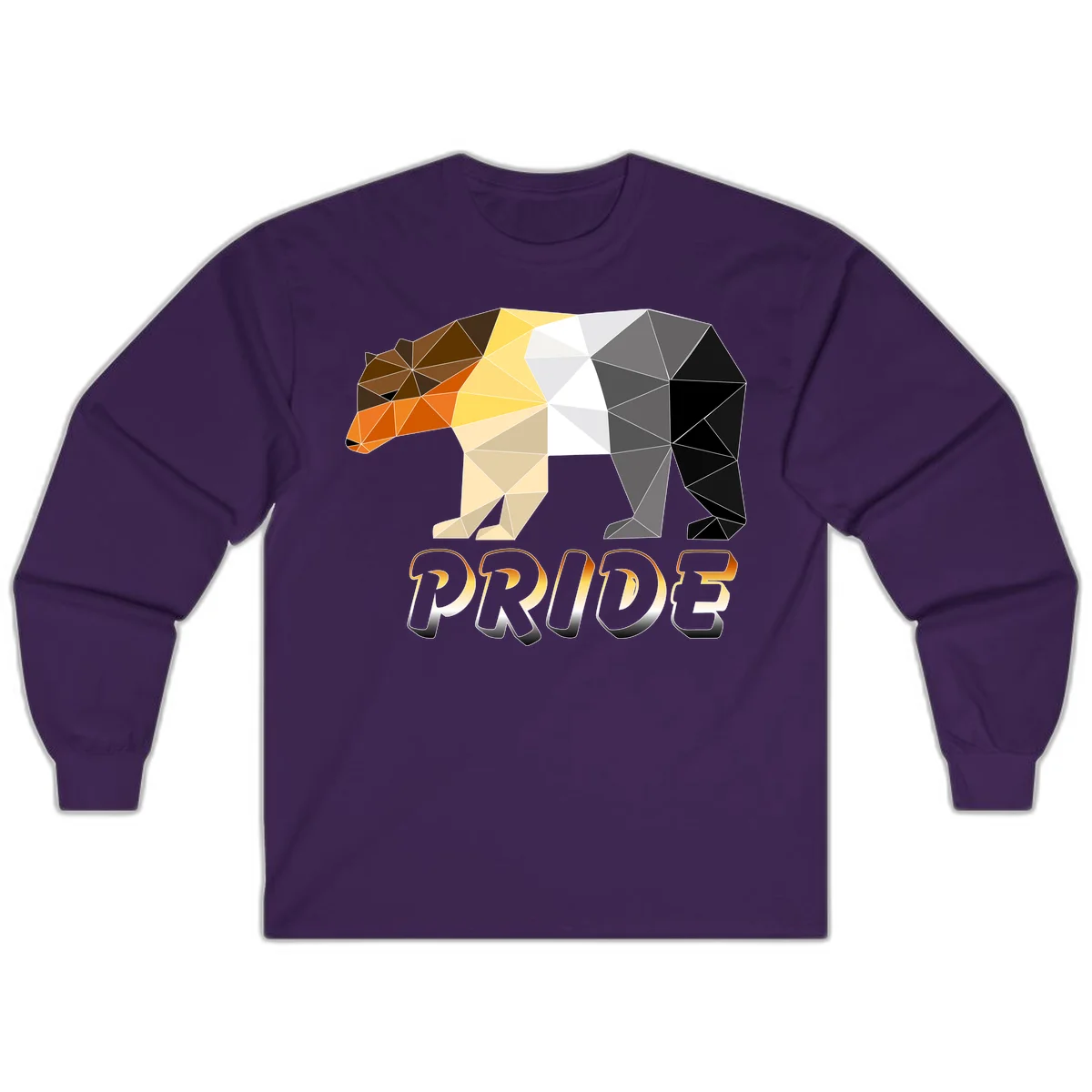 Geometric low-poly bear with triangular facets transitioning from warm brown and orange tones to cool gray and black, with PRIDE text below in Purple