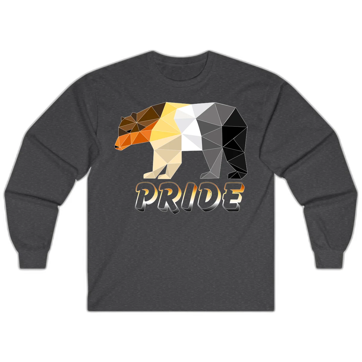 Geometric low-poly bear with triangular facets transitioning from warm brown and orange tones to cool gray and black, with PRIDE text below in Dark Heather