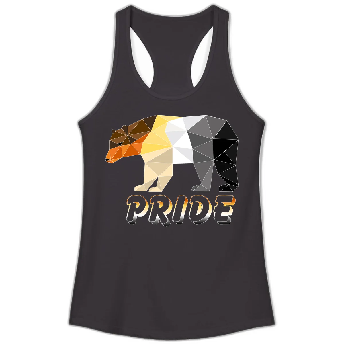 Geometric low-poly bear with triangular facets transitioning from warm brown and orange tones to cool gray and black, with PRIDE text below in Black