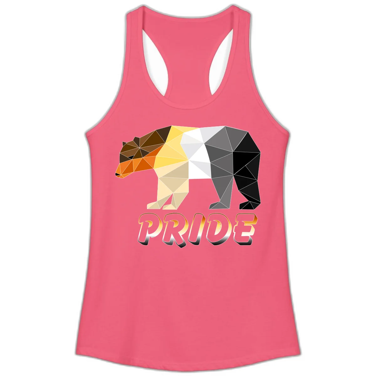 Geometric low-poly bear with triangular facets transitioning from warm brown and orange tones to cool gray and black, with PRIDE text below in Hot Pink