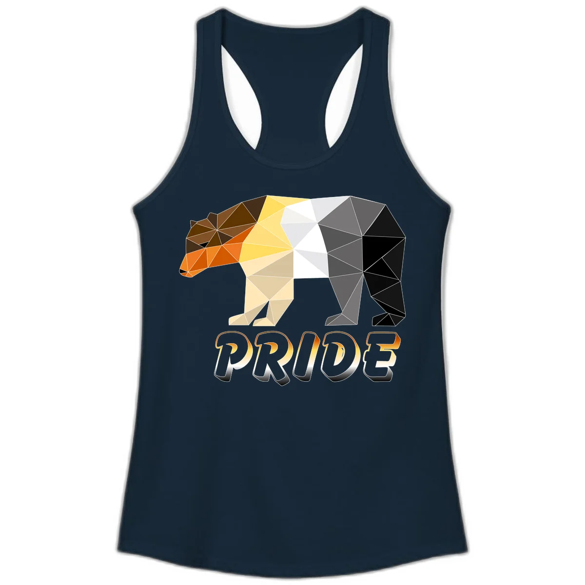 Geometric low-poly bear with triangular facets transitioning from warm brown and orange tones to cool gray and black, with PRIDE text below in Solid Midnight Navy