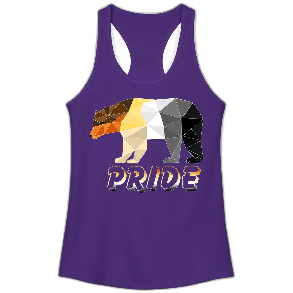 Geometric low-poly bear with triangular facets transitioning from warm brown and orange tones to cool gray and black, with PRIDE text below in Solid Purple Rush