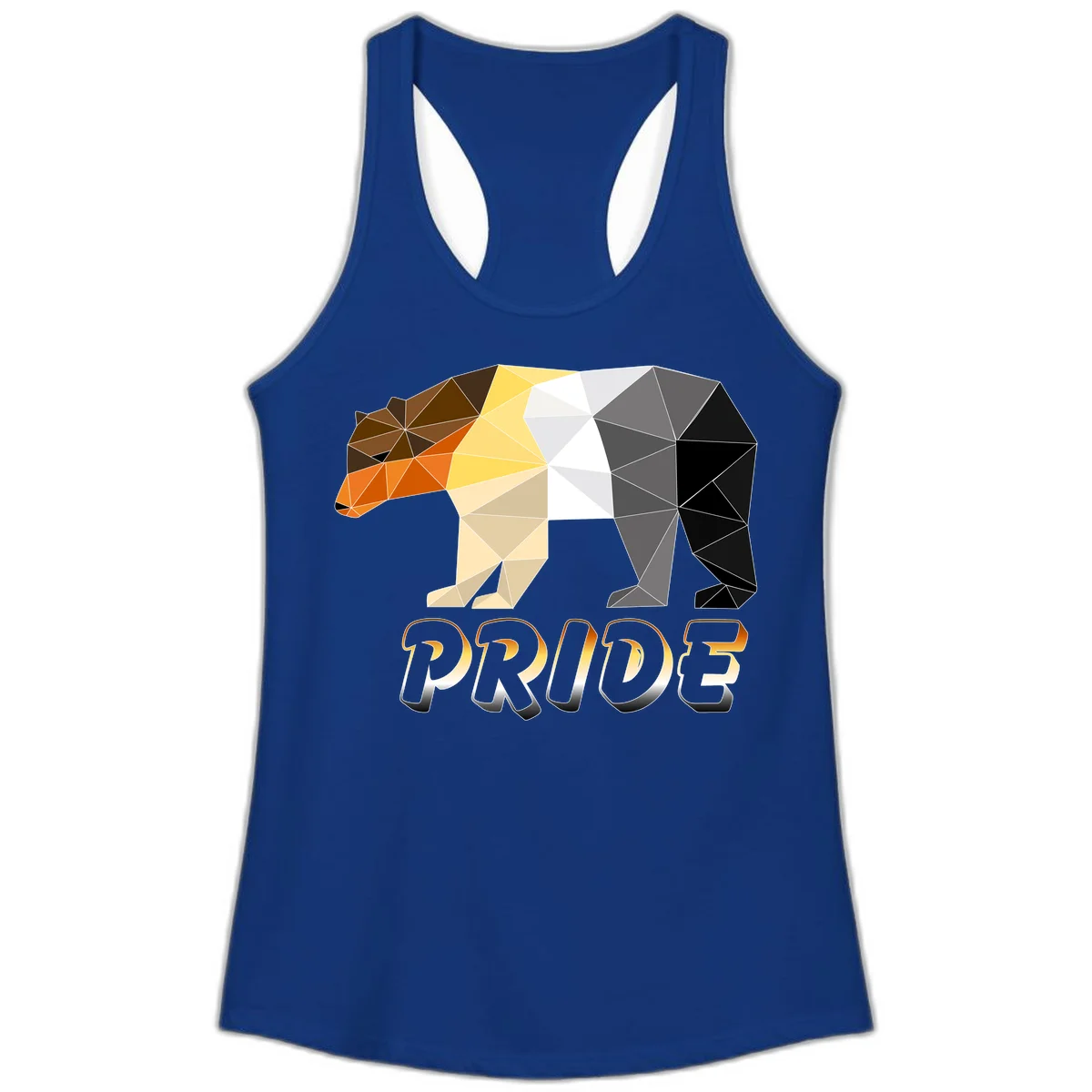 Geometric low-poly bear with triangular facets transitioning from warm brown and orange tones to cool gray and black, with PRIDE text below in Solid Royal