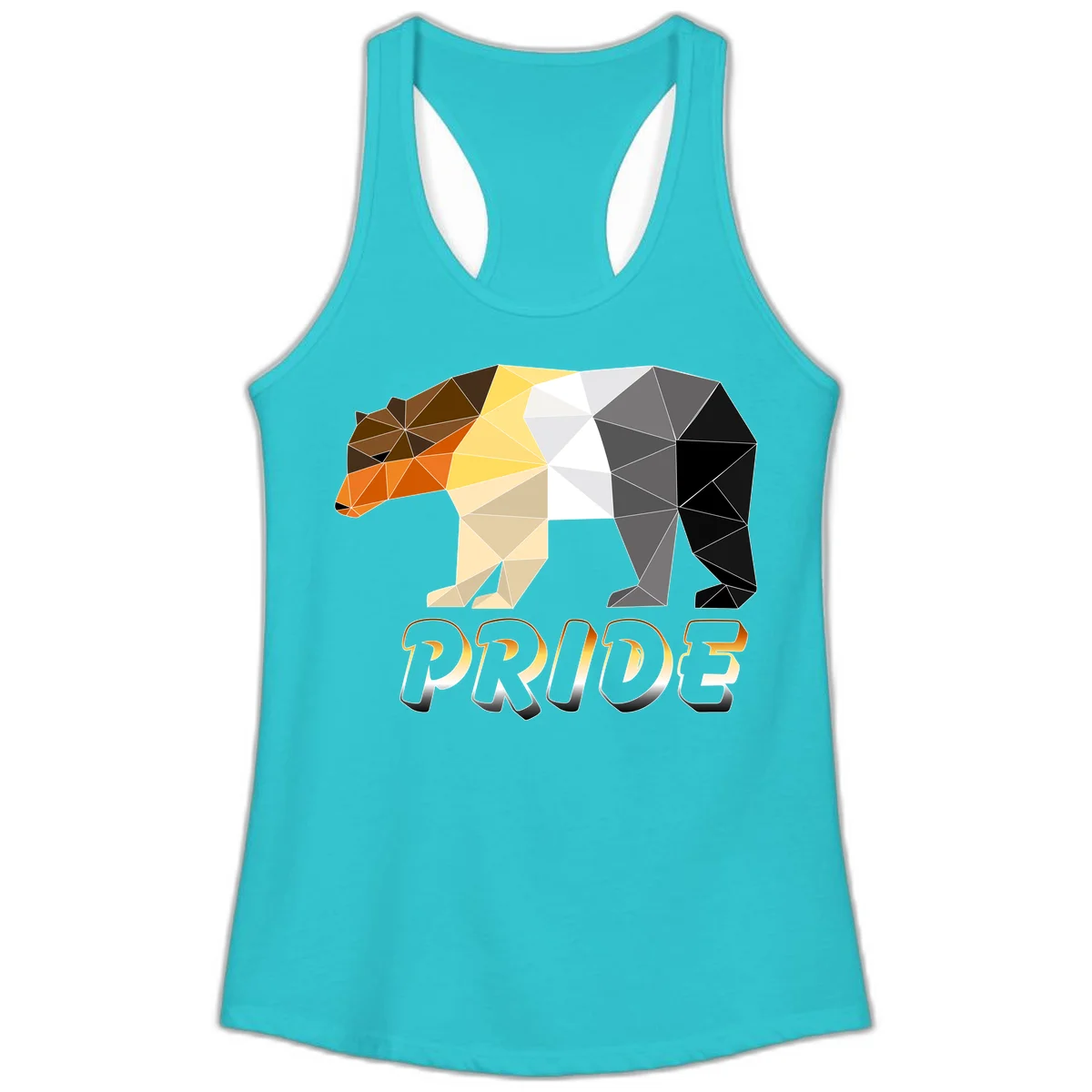 Geometric low-poly bear with triangular facets transitioning from warm brown and orange tones to cool gray and black, with PRIDE text below in Solid Tahiti Blue