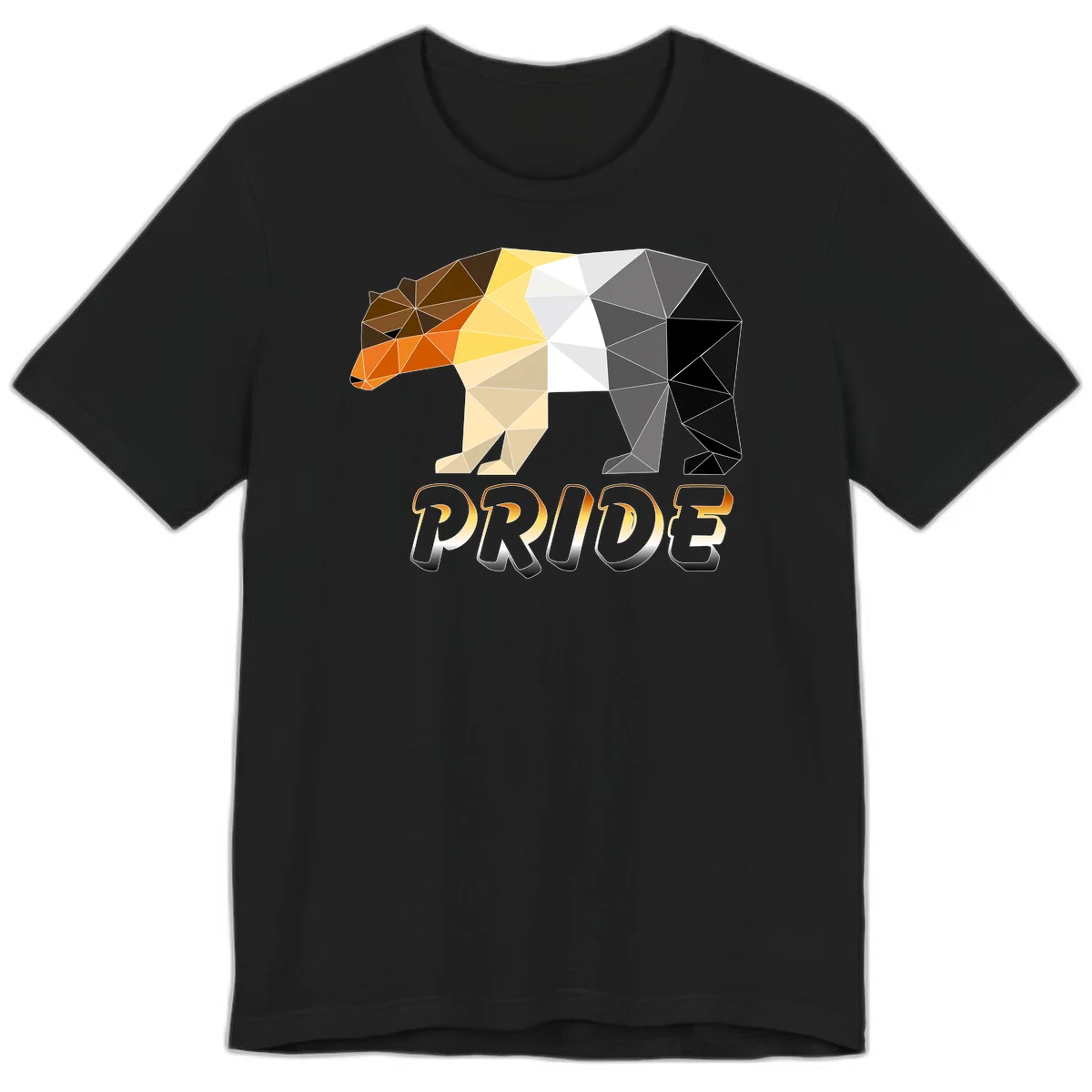 Geometric low-poly bear with triangular facets transitioning from warm brown and orange tones to cool gray and black, with PRIDE text below in Black