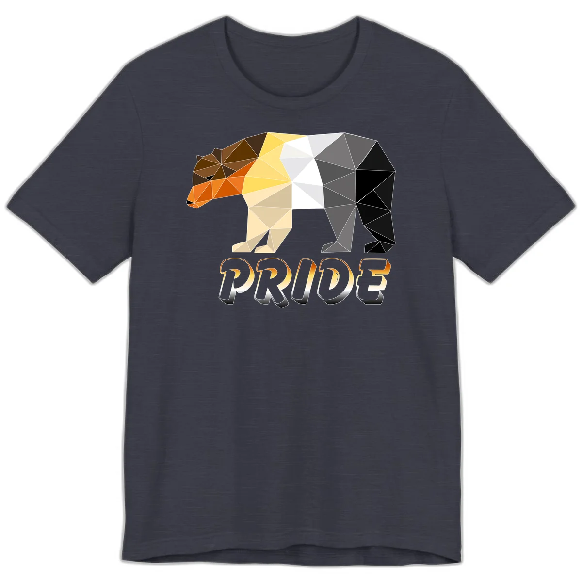 Geometric low-poly bear with triangular facets transitioning from warm brown and orange tones to cool gray and black, with PRIDE text below in Heather Midnight Navy