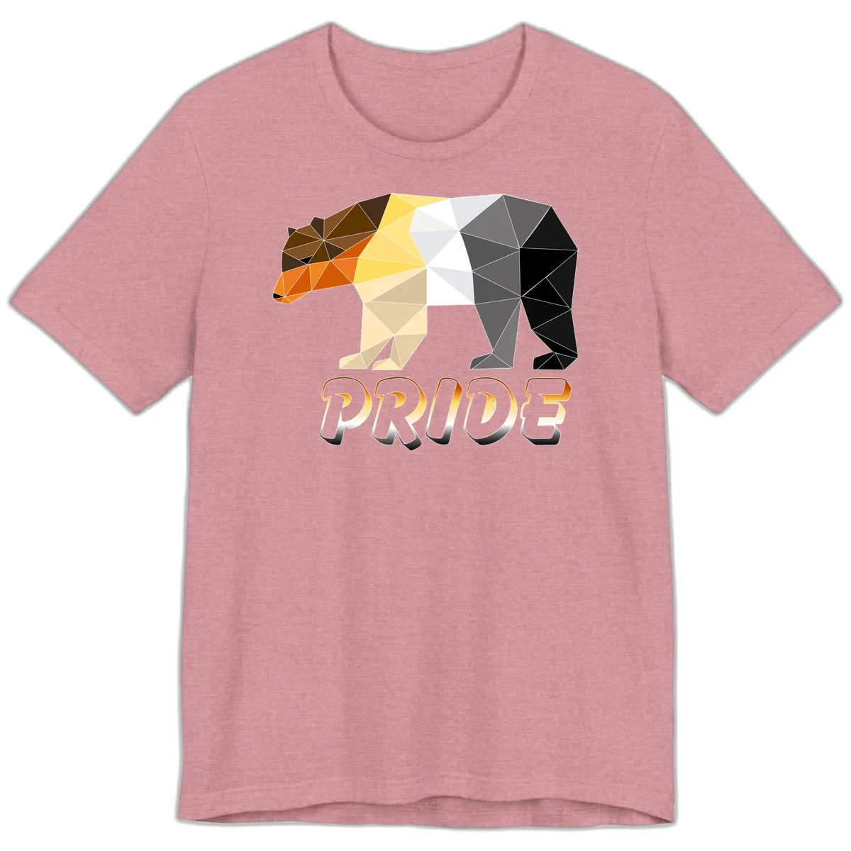 Geometric low-poly bear with triangular facets transitioning from warm brown and orange tones to cool gray and black, with PRIDE text below in Heather Orchid
