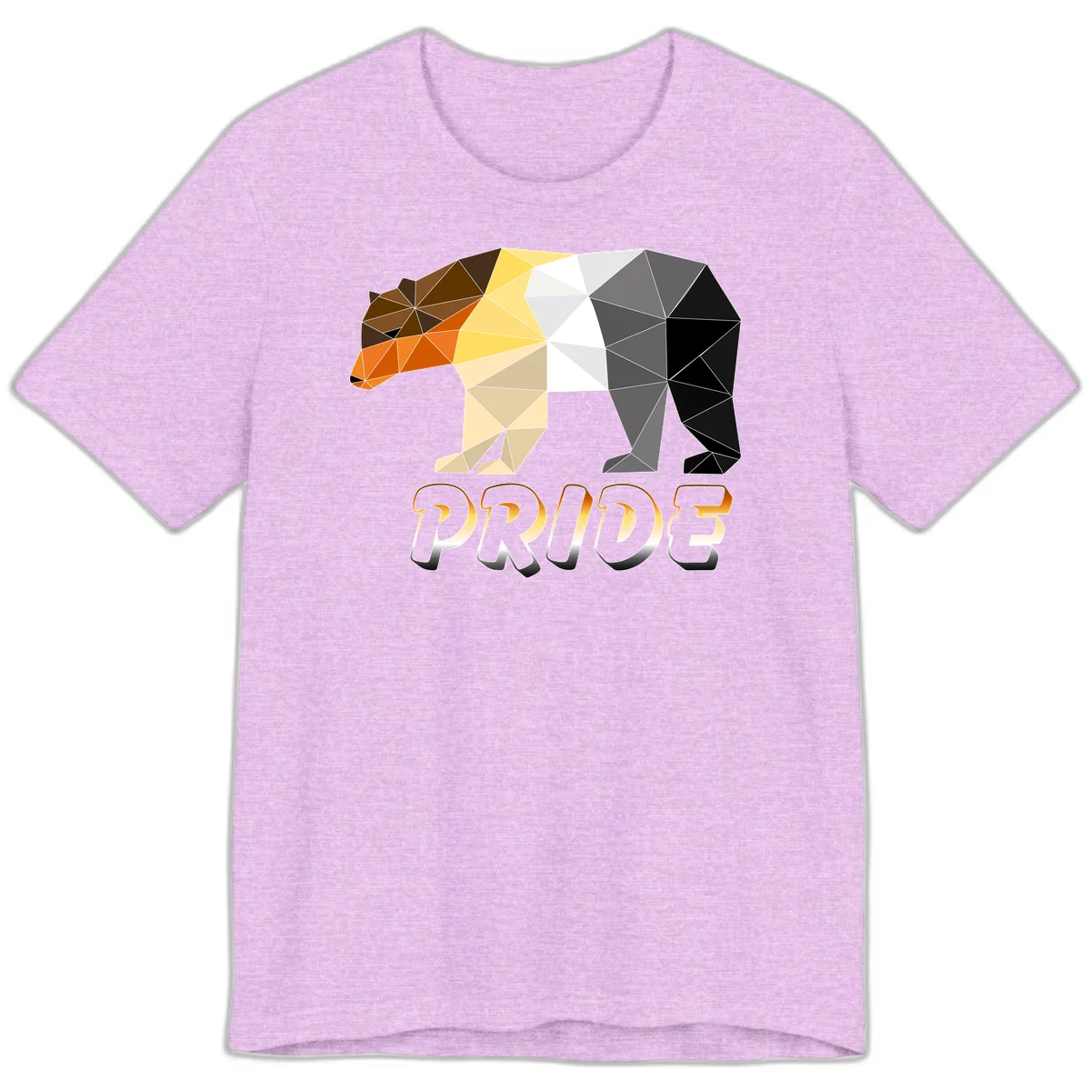 Geometric low-poly bear with triangular facets transitioning from warm brown and orange tones to cool gray and black, with PRIDE text below in Heather Prism Lilac