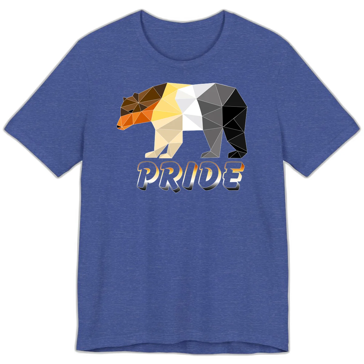 Geometric low-poly bear with triangular facets transitioning from warm brown and orange tones to cool gray and black, with PRIDE text below in Heather True Royal