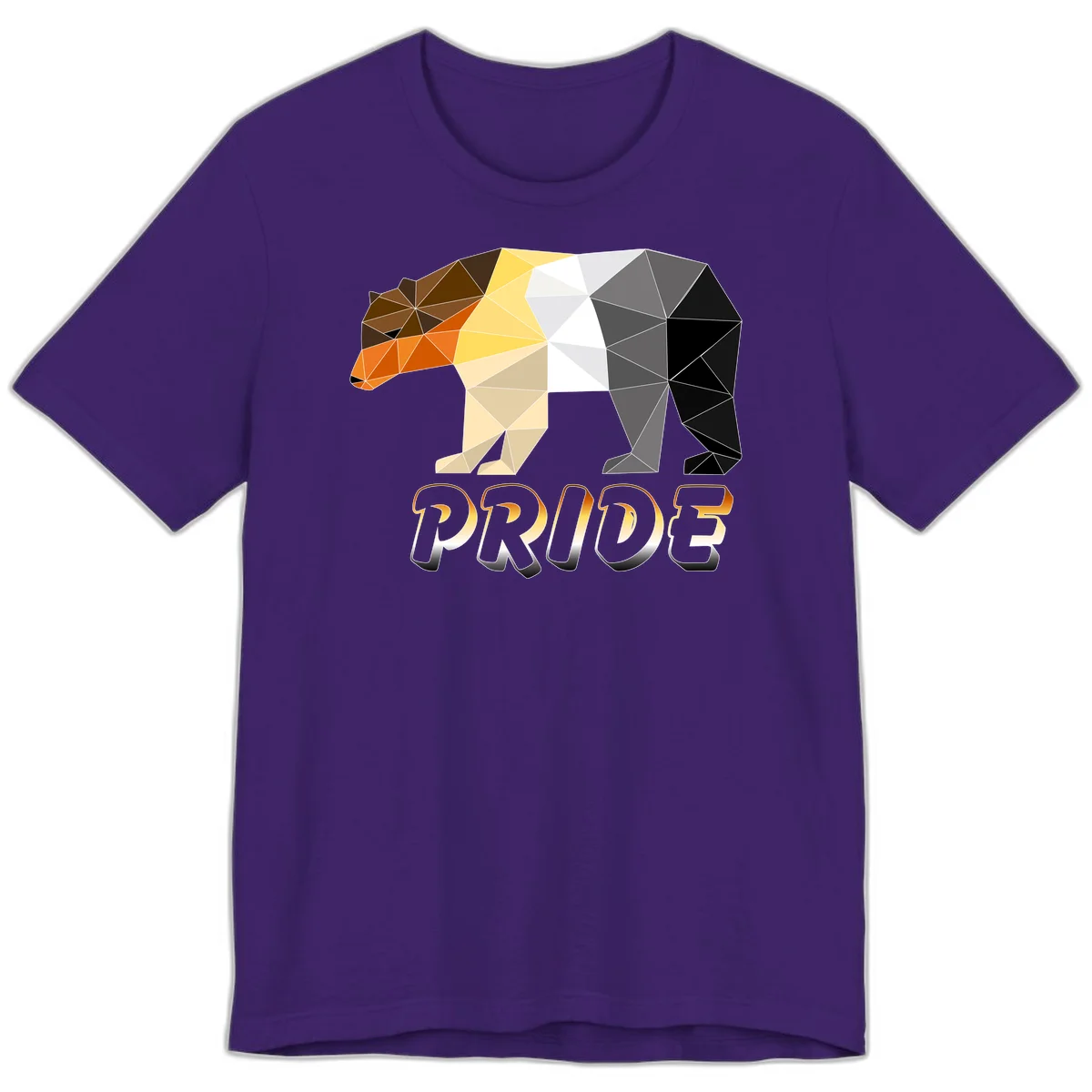 Geometric low-poly bear with triangular facets transitioning from warm brown and orange tones to cool gray and black, with PRIDE text below in Team Purple
