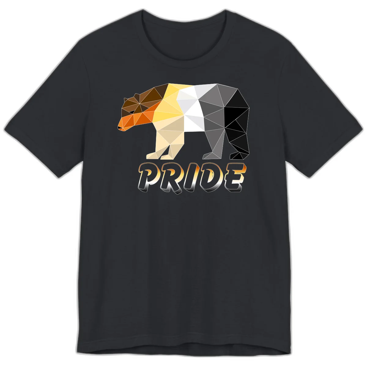Geometric low-poly bear with triangular facets transitioning from warm brown and orange tones to cool gray and black, with PRIDE text below in Vintage Black