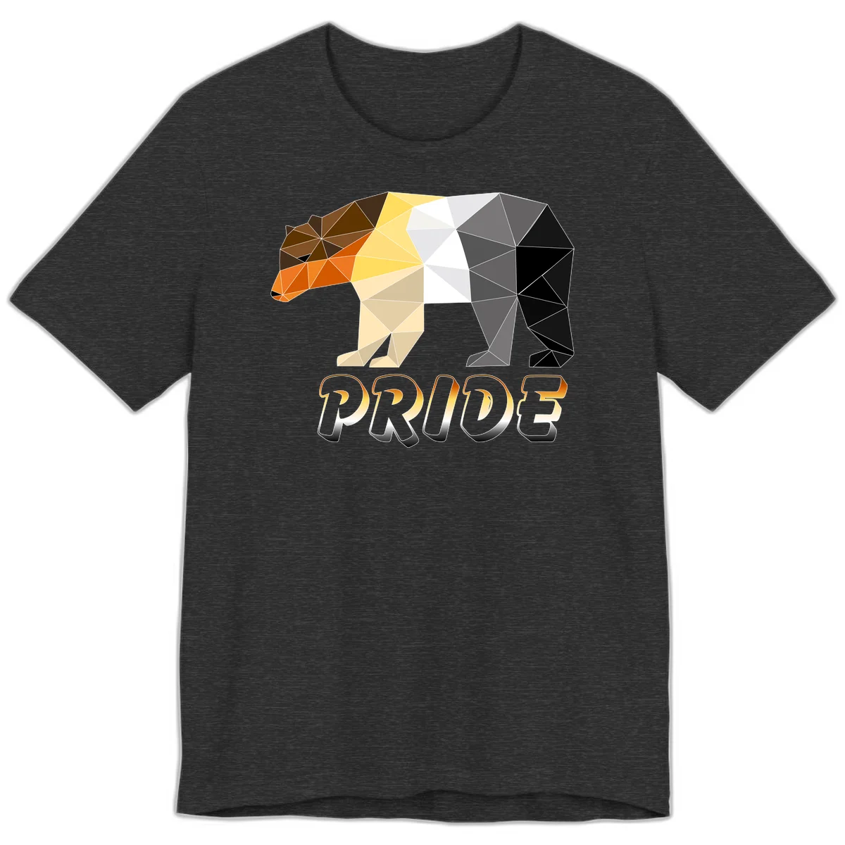 Geometric low-poly bear with triangular facets transitioning from warm brown and orange tones to cool gray and black, with PRIDE text below in Dark Grey Heather