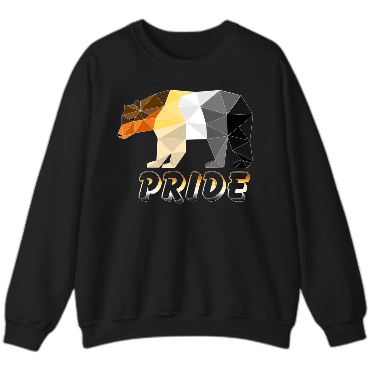 Geometric low-poly bear with triangular facets transitioning from warm brown and orange tones to cool gray and black, with PRIDE text below in Black