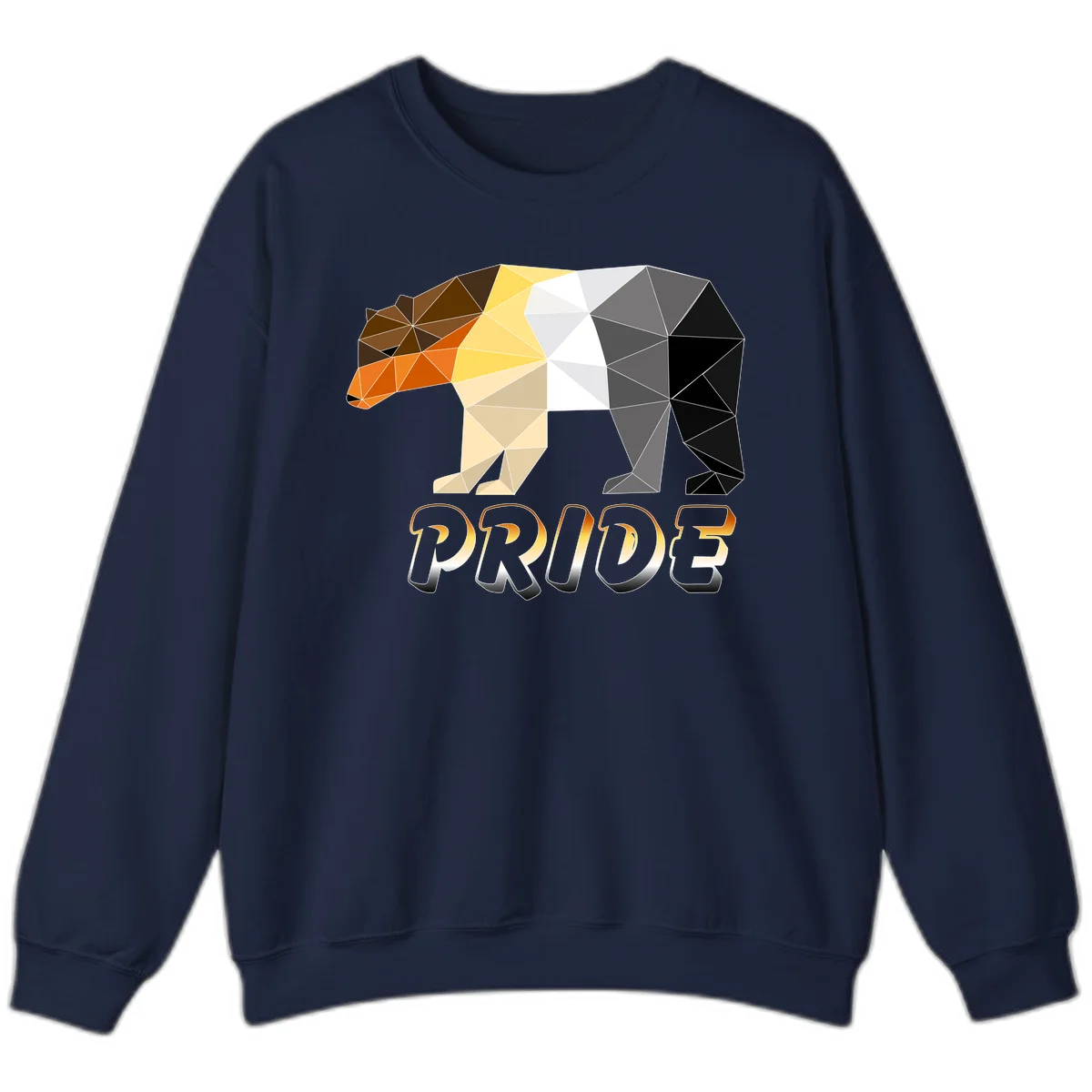 Geometric low-poly bear with triangular facets transitioning from warm brown and orange tones to cool gray and black, with PRIDE text below in Navy