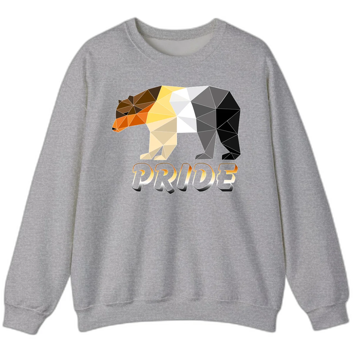 Geometric low-poly bear with triangular facets transitioning from warm brown and orange tones to cool gray and black, with PRIDE text below in Sport Grey