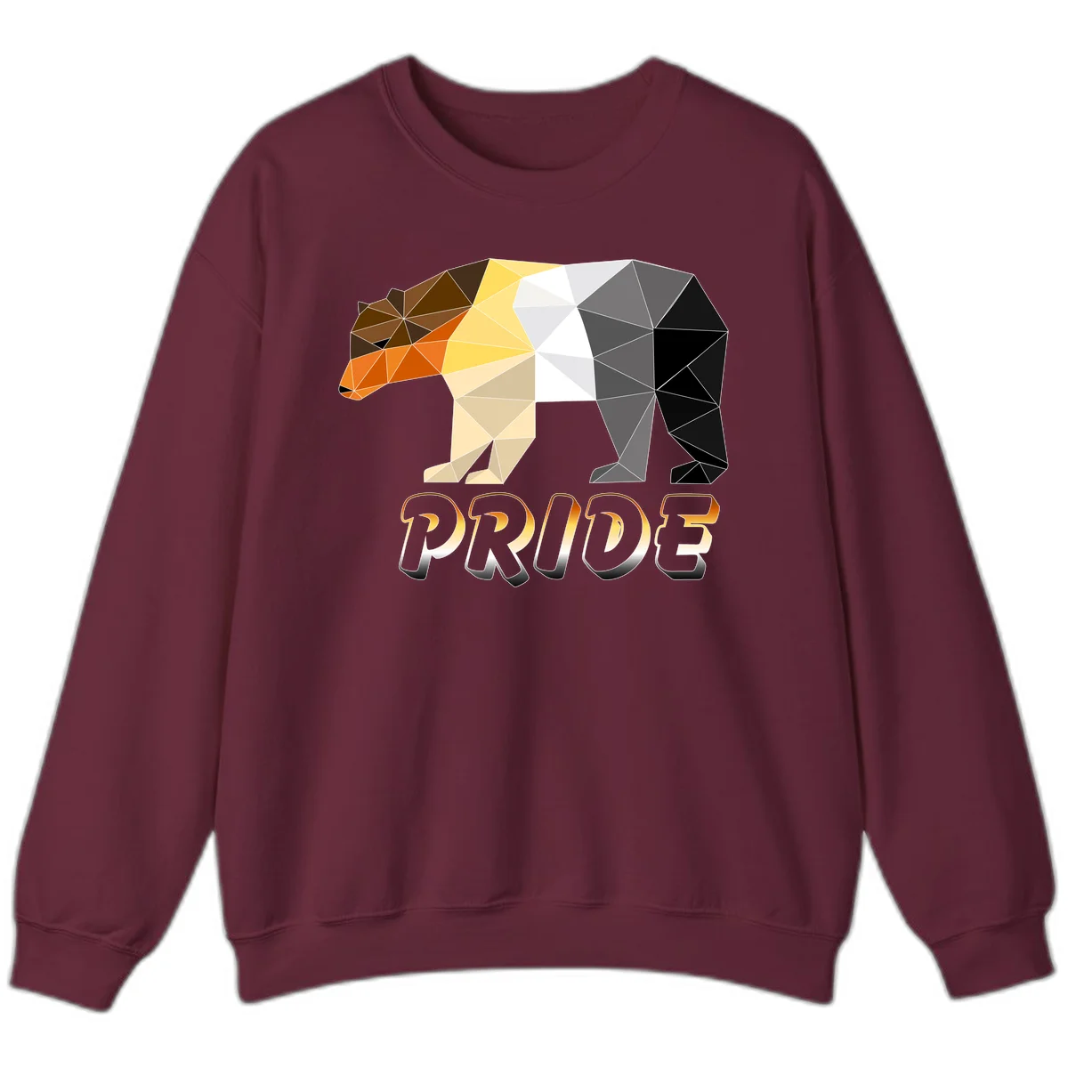 Geometric low-poly bear with triangular facets transitioning from warm brown and orange tones to cool gray and black, with PRIDE text below in Maroon