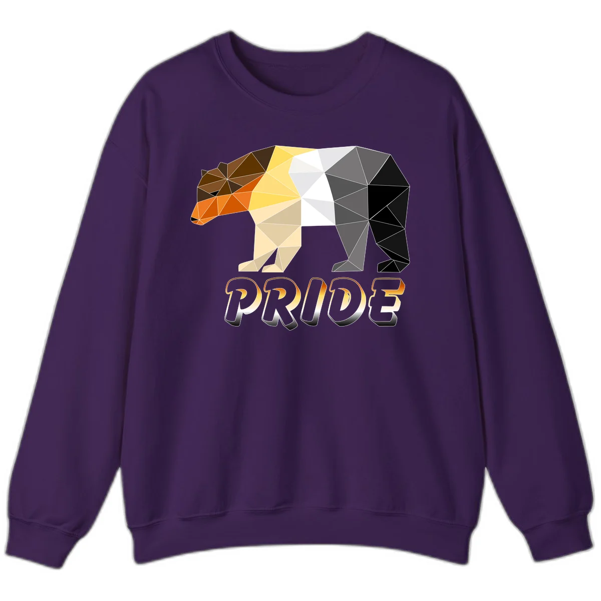 Geometric low-poly bear with triangular facets transitioning from warm brown and orange tones to cool gray and black, with PRIDE text below in Purple