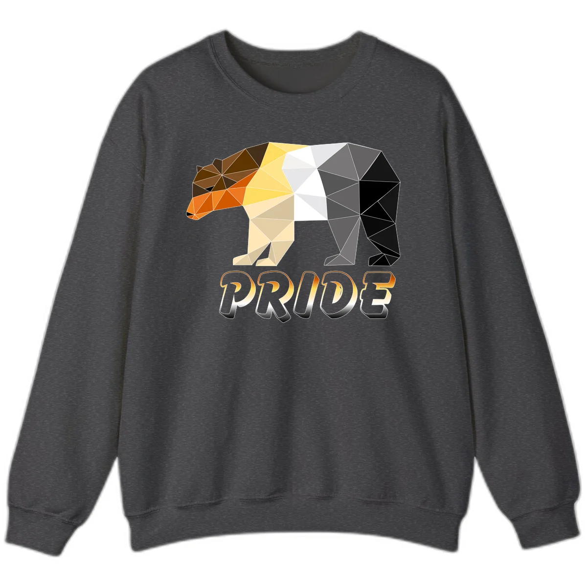 Geometric low-poly bear with triangular facets transitioning from warm brown and orange tones to cool gray and black, with PRIDE text below in Dark Heather