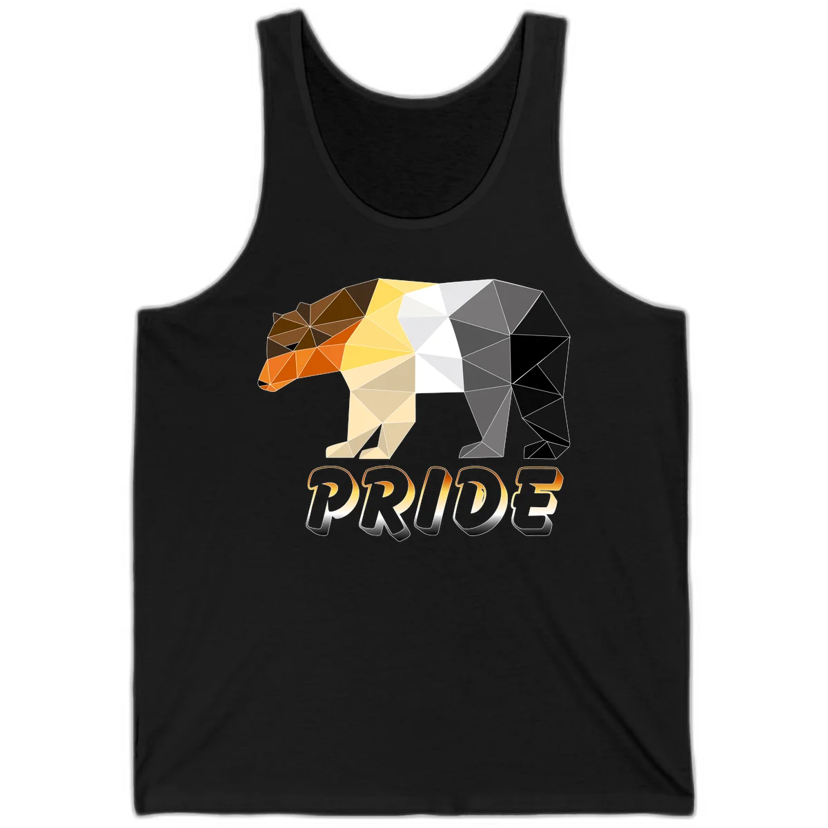 Geometric low-poly bear with triangular facets transitioning from warm brown and orange tones to cool gray and black, with PRIDE text below in Black