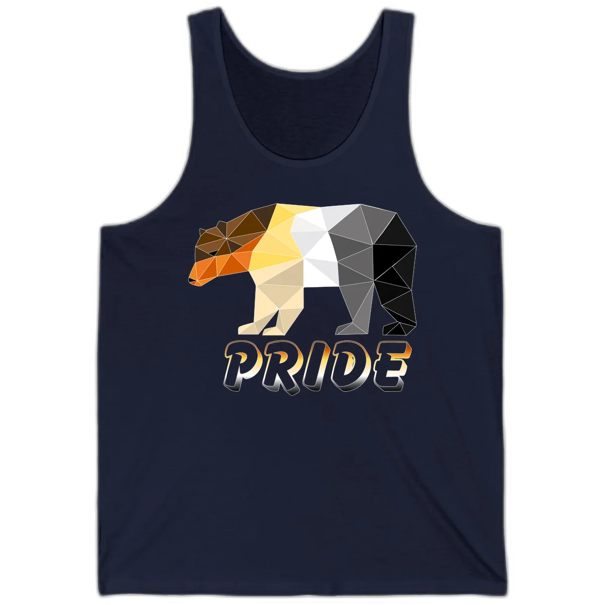 Geometric low-poly bear with triangular facets transitioning from warm brown and orange tones to cool gray and black, with PRIDE text below in Navy