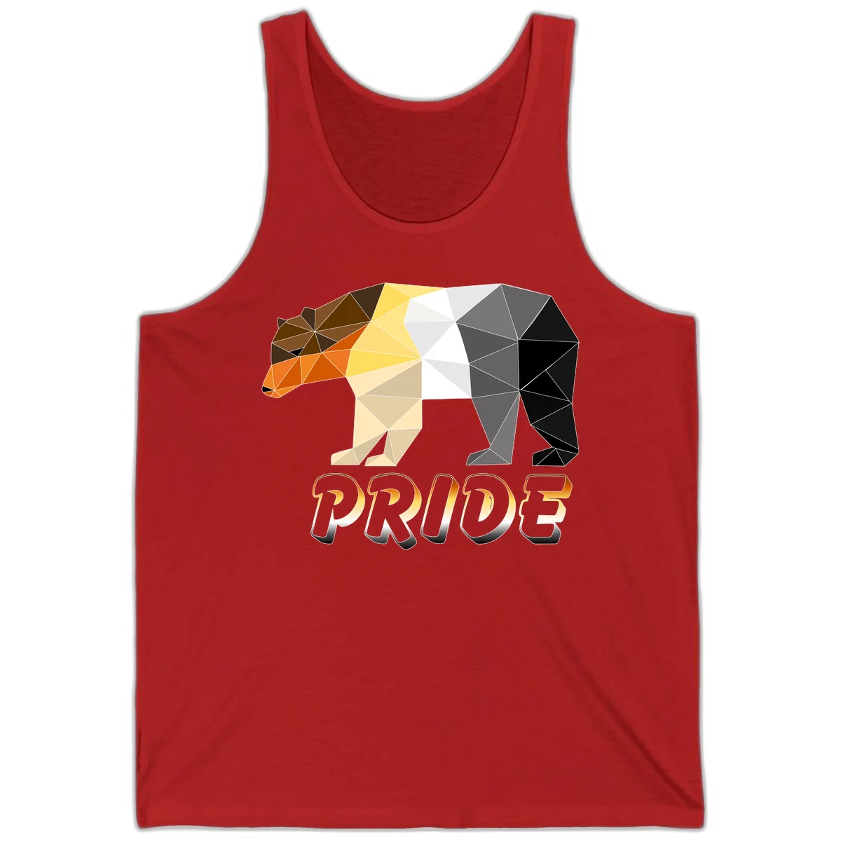 Geometric low-poly bear with triangular facets transitioning from warm brown and orange tones to cool gray and black, with PRIDE text below in Red