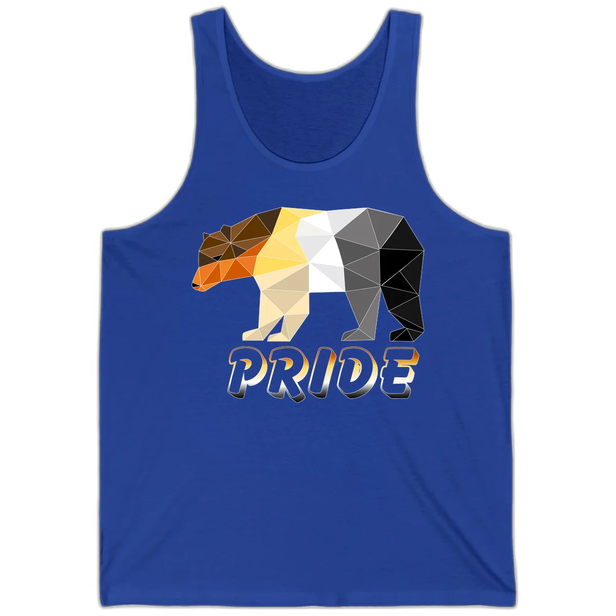 Geometric low-poly bear with triangular facets transitioning from warm brown and orange tones to cool gray and black, with PRIDE text below in True Royal