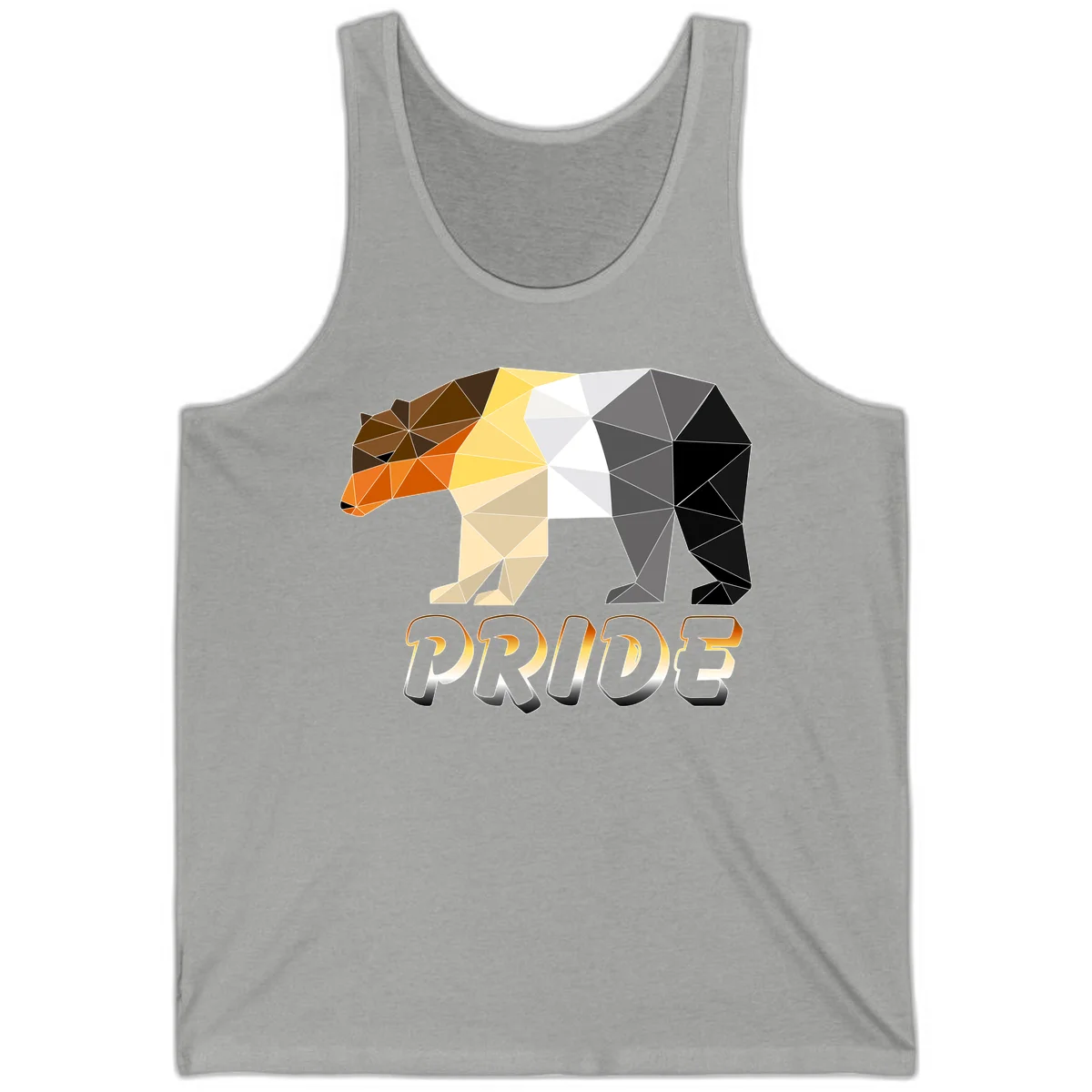 Geometric low-poly bear with triangular facets transitioning from warm brown and orange tones to cool gray and black, with PRIDE text below in Athletic Heather