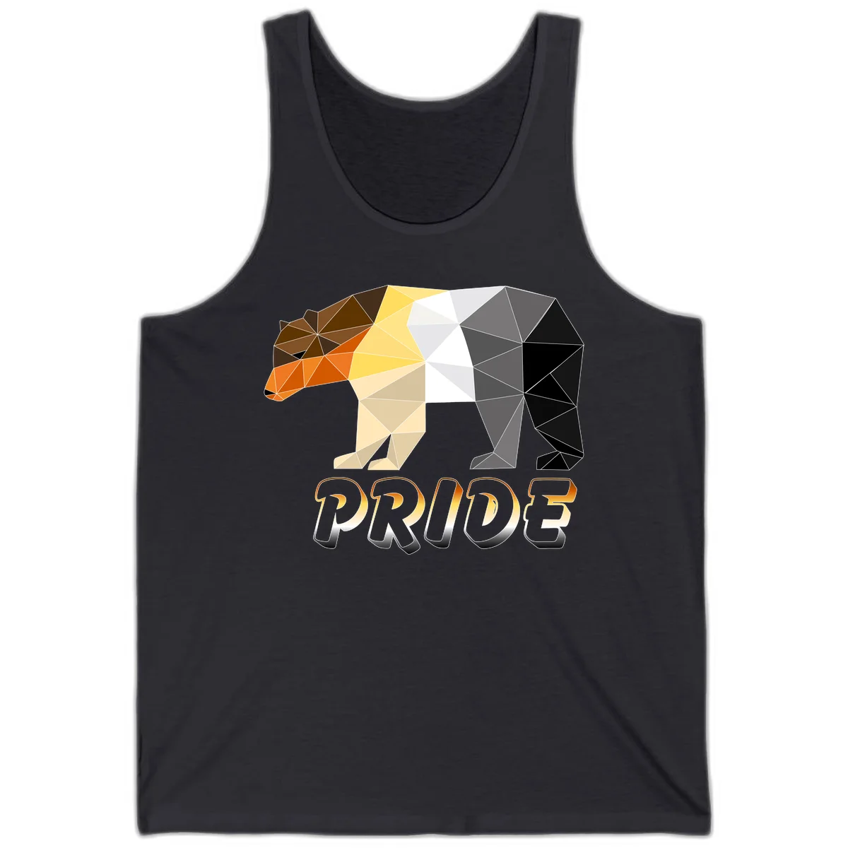Geometric low-poly bear with triangular facets transitioning from warm brown and orange tones to cool gray and black, with PRIDE text below in Dark Grey