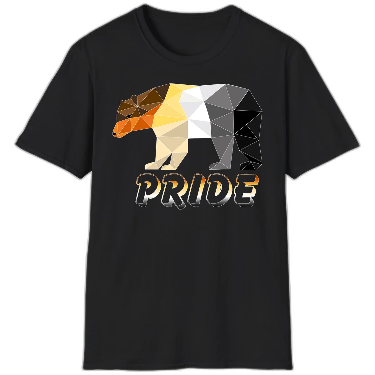 Geometric low-poly bear with triangular facets transitioning from warm brown and orange tones to cool gray and black, with PRIDE text below in Black