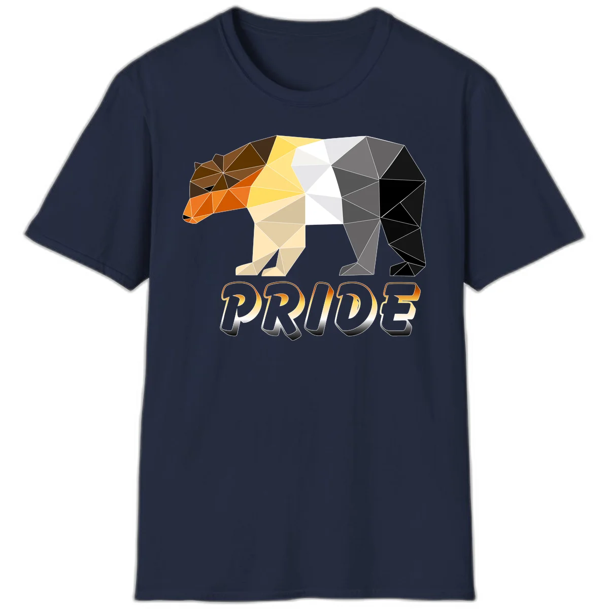 Geometric low-poly bear with triangular facets transitioning from warm brown and orange tones to cool gray and black, with PRIDE text below in Navy