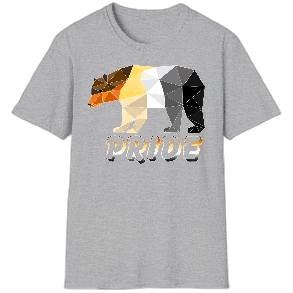Geometric low-poly bear with triangular facets transitioning from warm brown and orange tones to cool gray and black, with PRIDE text below in Sport Grey