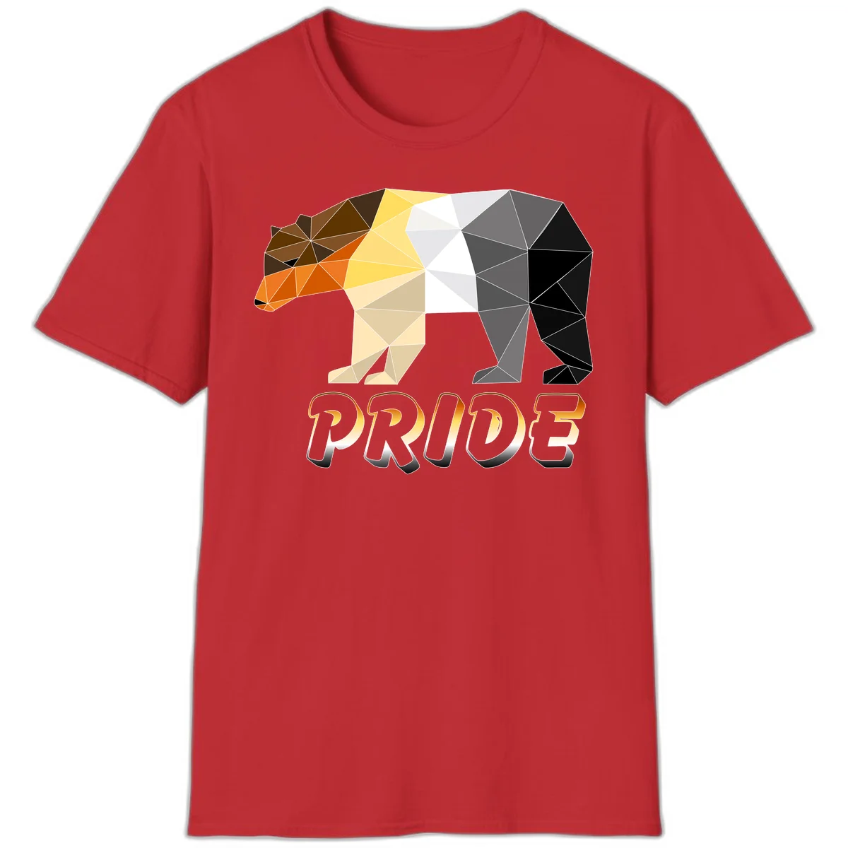 Geometric low-poly bear with triangular facets transitioning from warm brown and orange tones to cool gray and black, with PRIDE text below in Red