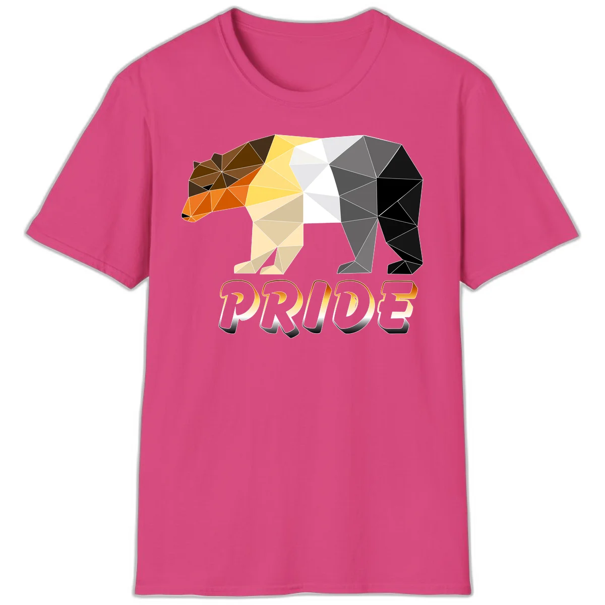 Geometric low-poly bear with triangular facets transitioning from warm brown and orange tones to cool gray and black, with PRIDE text below in Heliconia