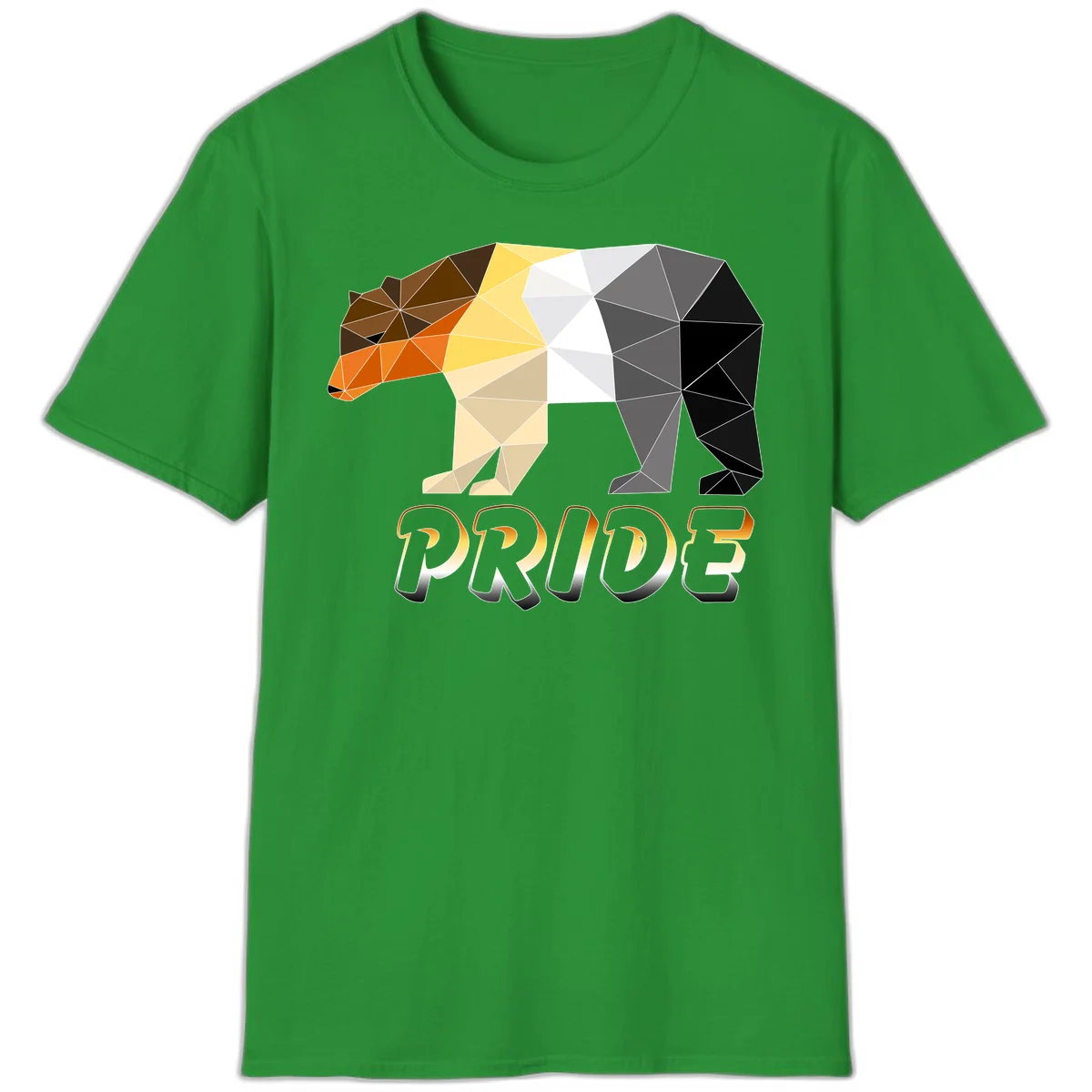 Geometric low-poly bear with triangular facets transitioning from warm brown and orange tones to cool gray and black, with PRIDE text below in Irish Green