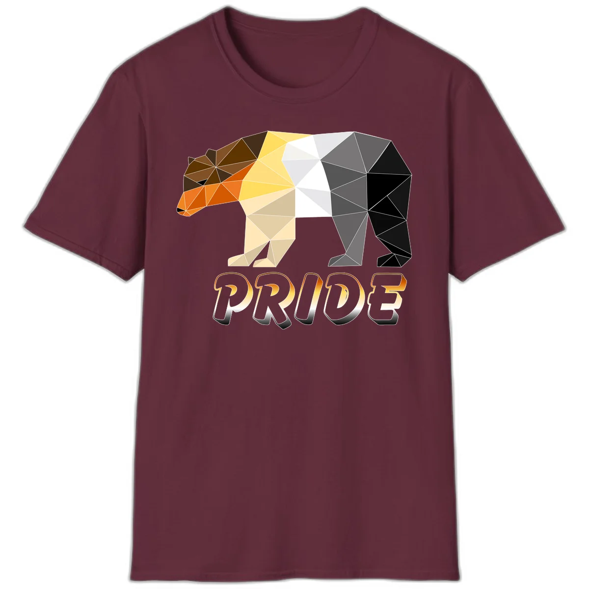 Geometric low-poly bear with triangular facets transitioning from warm brown and orange tones to cool gray and black, with PRIDE text below in Maroon