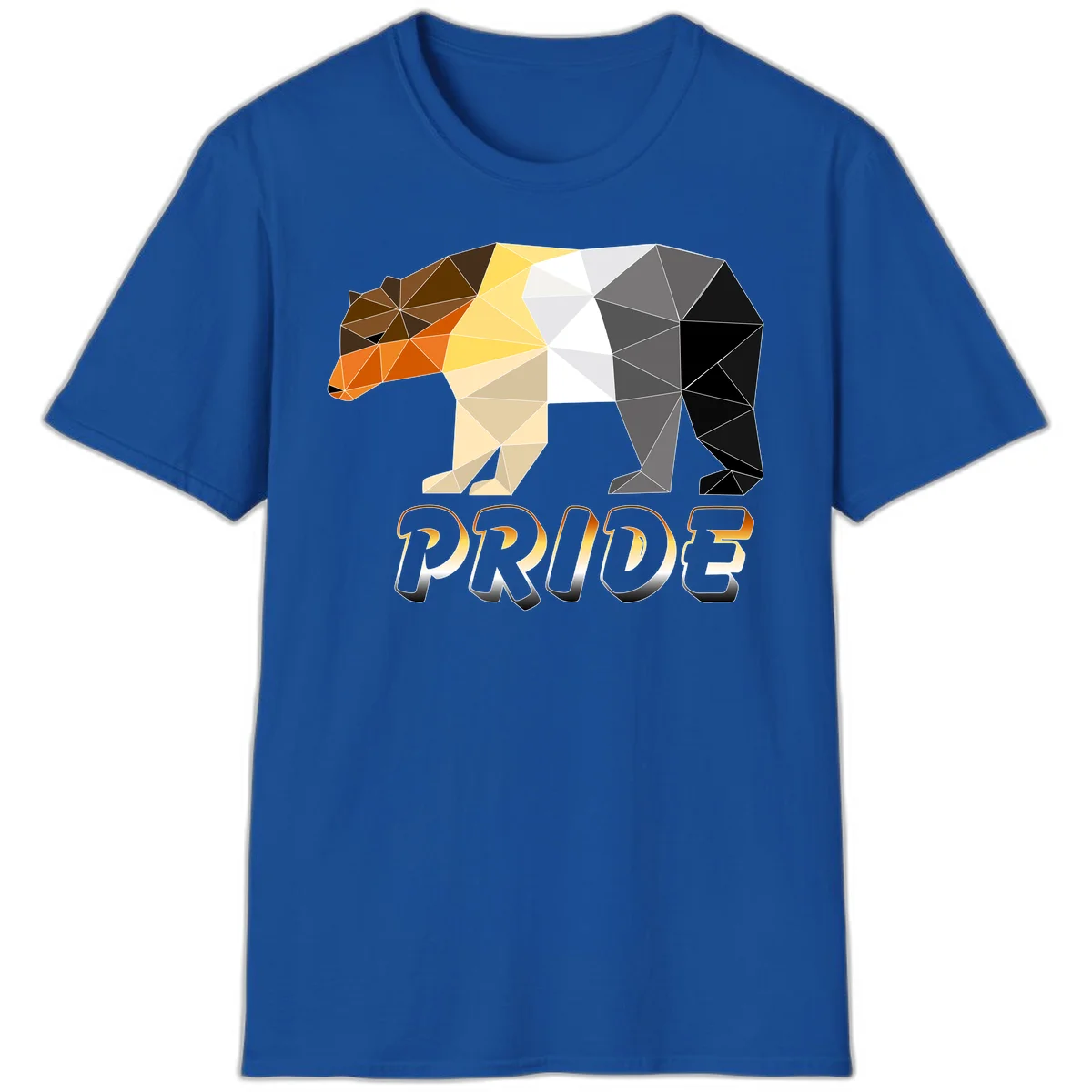 Geometric low-poly bear with triangular facets transitioning from warm brown and orange tones to cool gray and black, with PRIDE text below in Royal