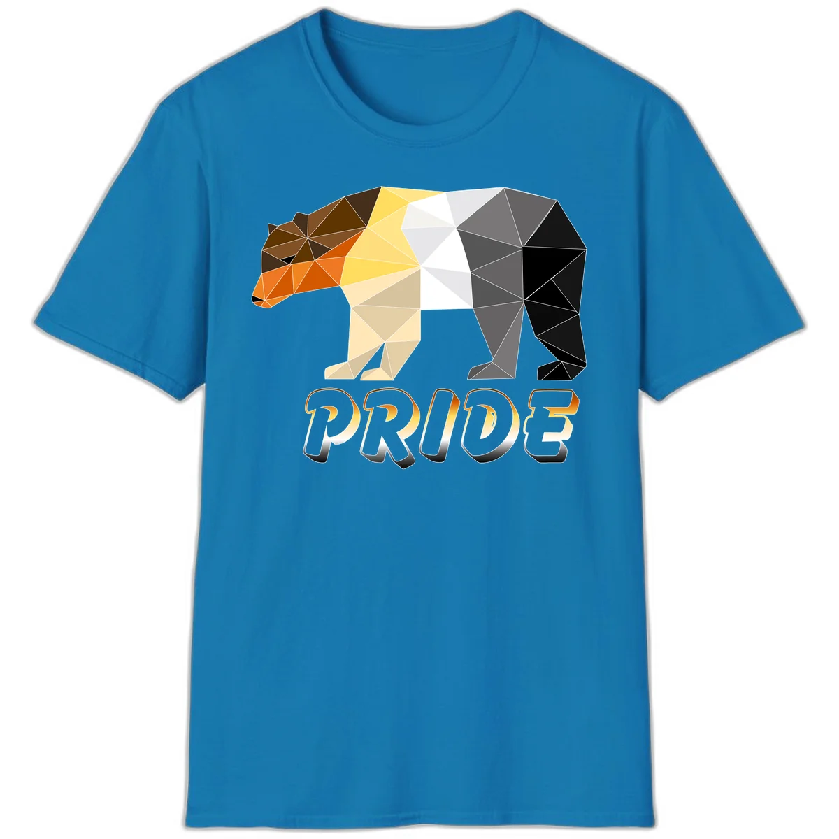 Geometric low-poly bear with triangular facets transitioning from warm brown and orange tones to cool gray and black, with PRIDE text below in Sapphire