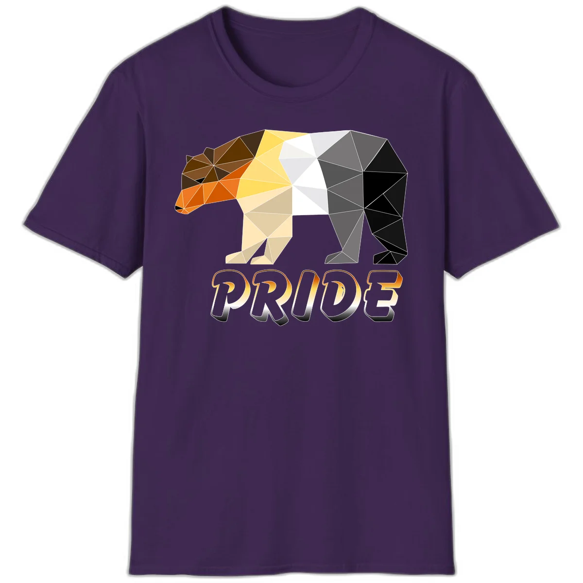 Geometric low-poly bear with triangular facets transitioning from warm brown and orange tones to cool gray and black, with PRIDE text below in Purple