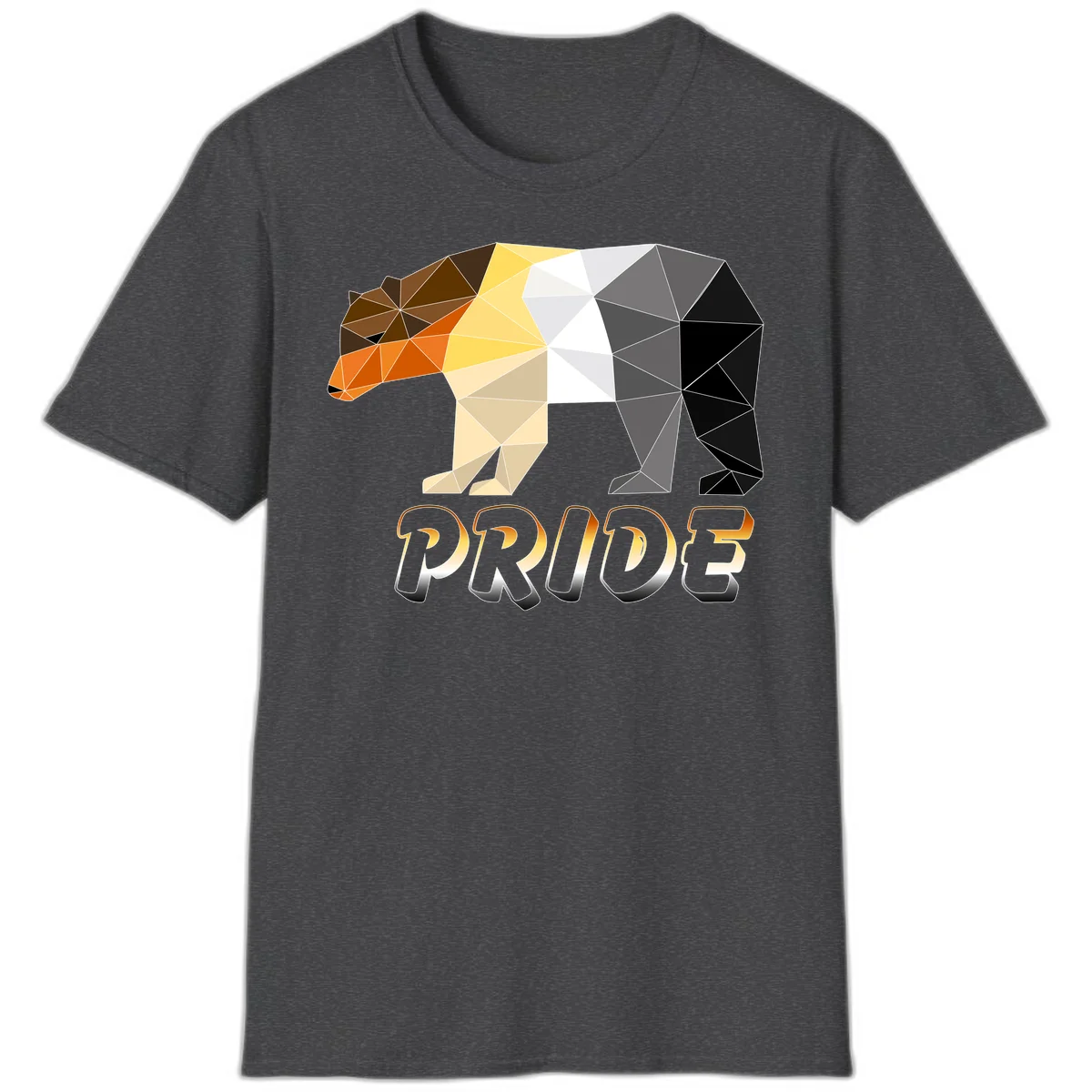Geometric low-poly bear with triangular facets transitioning from warm brown and orange tones to cool gray and black, with PRIDE text below in Dark Heather