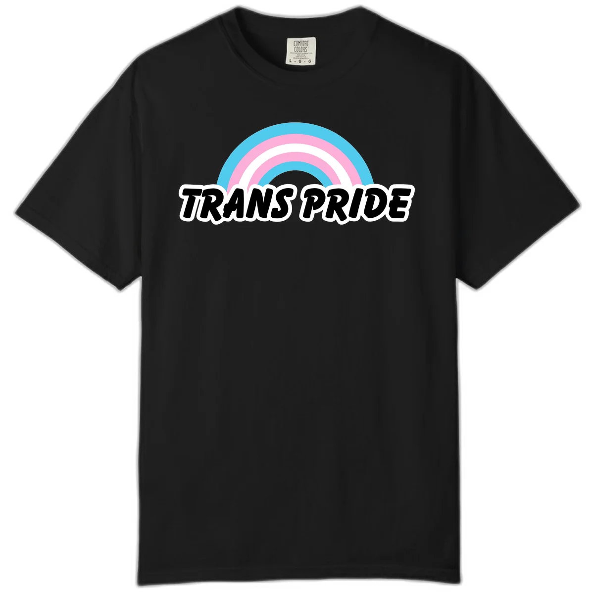 Trans pride rainbow design with cyan, pink, and white concentric arcs above black italic 'TRANS PRIDE' text with white outline on gray background in Black
